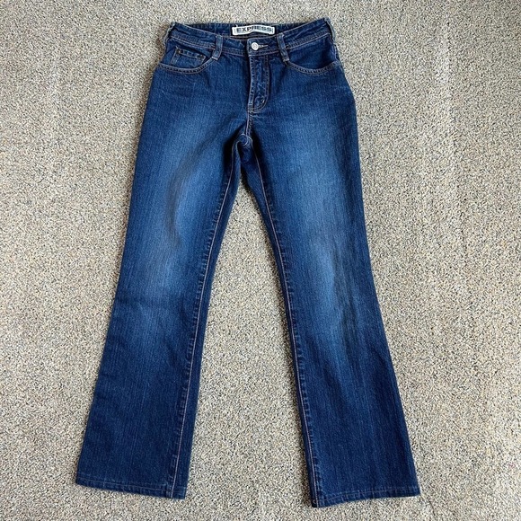 EXPRESS Mid Rise Stretch Fit & Flare Denim Blue Jeans Dark Wash Women's 3/4 - Picture 1 of 6